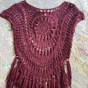 Burgundy Lilian Macrame Crochet Fringe Top